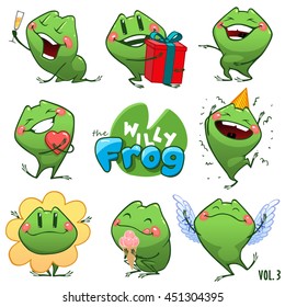 Emoji Character Cartoon Frog Stickers Emoticons With Different Emotions. Vector Illustration