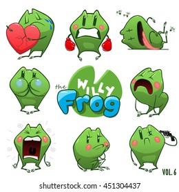 Emoji character cartoon frog stickers emoticons with different emotions. Vector illustration