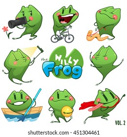 Emoji character cartoon frog stickers emoticons with different emotions. Vector illustration