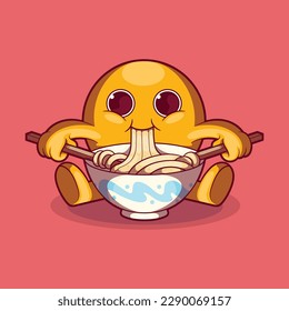 Emoji character eating a bowl of ramen with chopsticks vector illustration. Food, funny, brand design concept.