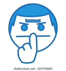 emoji with character with frowned face that is keeping finger on mouth or lips to show a "be silent" gesture while hissing a "shh!" sound to stop people talking and shut up to keep silence, emoticon