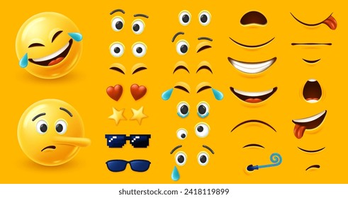 Kit de caracteres emmoji. Constructor de emoticonos personalizados con diferentes ojos y formas de boca combinaciones de elementos para el diseño único de expresión facial de la ilustración del vector de caracteres emoji