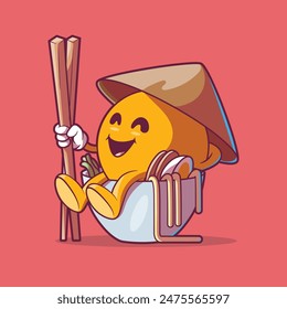 Emoji character on a ramen bowl vector illustration. Food, communication design concept.