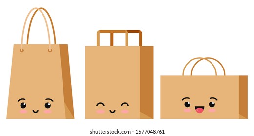 Emoji character packaging for goods set isolated on white background. Kawaii kraft brown cardboard supermarket, shop, restaurant, fast food package emoticon. Vector flat design pack icon illustration. svg