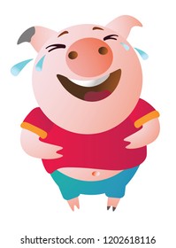 Emoji character  Pig laughs to tears.  Vector illustration. Symbol of the new year 2019 Isolated on transparent background. Excellent for the design of postcards, posters, stickers etc.  