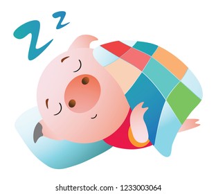 Emoji character. A pig sleeping under a blanket. Vector illustration. Symbol of the new year 2019 Isolated on transparent background. Excellent for the design of postcards, posters, stickers etc.  