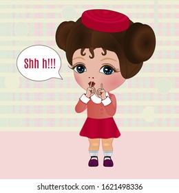 Emoji with character shushing shh h people politely to shut up and be quiet, girl using finger on mouth gesture to stop talking, color vector emoticon