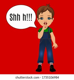 emoji with character shushing shh h to politely tell people to shut up and be quiet to keep silence, boy in color using finger on mouth gesture to stop talking