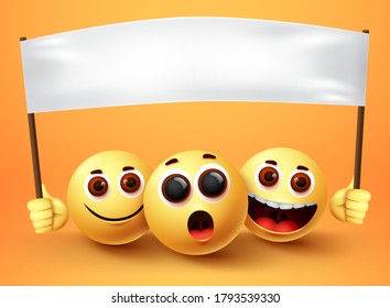Fondo vectorial de carácter emmoji. Emoji de sonrisa divertida y expresiones faciales felices sosteniendo espacio blanco vacío para el texto. Ilustración vectorial.

