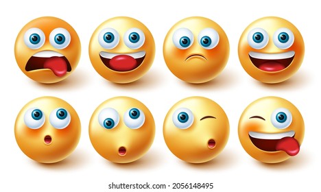 Emoji character vector set. Emoticon cute, funny and happy yellow collection isolated in white background for graphic design elements. Vector illustration.
