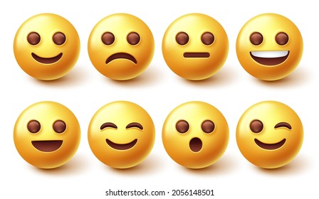 Emoji character vector set. Yellow emoticon happy, sad, fun and cute face collection isolated in white background for graphic design elements. Vector illustration.
