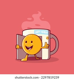 An Emoji character wishing good Monday from a coffee cup vector illustration. Motivation, inspiration design concept.