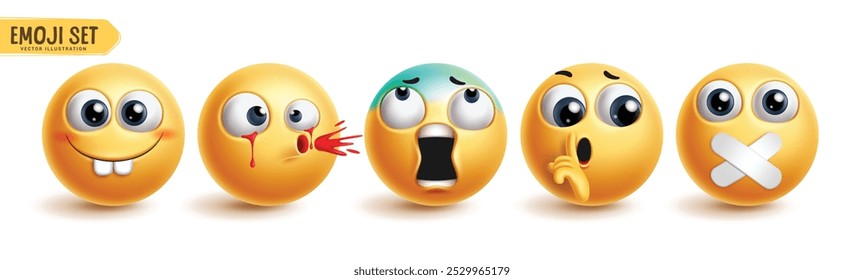 Emoji characters 3d vector set. Emoticon yellow icon collection in happy, smiling, shock, scared and quiet emojis facial expression character in white background. Vector illustration for graphic 