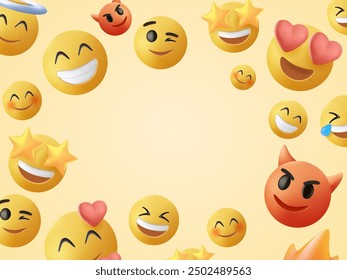 Emoji characters background, various bright 3D shapes. Disproportionate faces. Different figures. Set of three 3D style Vector banner Pattern. Background, wallpaper, Wrapping, textile template