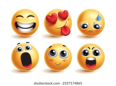 Personajes de emoji lindo conjunto de Vectores de emoticonos. Personaje de cara de emojis feliz, enamorado, decepcionado, sorpresa, rubor y expresión facial enojada para la colección de íconos en 3D. Emoticonos de Ilustración vectorial 