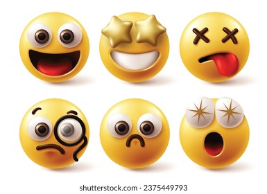 Emoji characters emoticon vector set. Emoticon emojis character in happy face, amaze, surprise, tired and clever facial expressions for 3d graphic icon collection. Vector illustration emojis set 