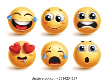 Conjunto de vetores emoticon de caracteres emoji. Emojis enfrentam personagem bonito em feliz, rindo, tímido, louco, apaixonado, chorando e expressão facial surpresa para a coleção de ícones 3d. Emoticons de ilustração de vetor 