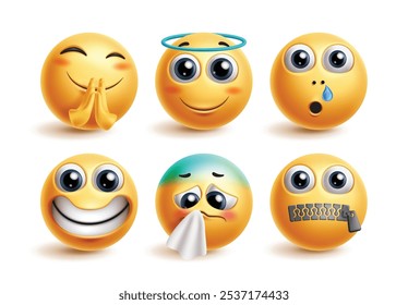 Conjunto de Vectores de emoticonos de personajes de emoji. Emojis aplaudiendo, ángel, emocionado, tranquilo, tos y expresión facial fría para la colección de íconos en 3D. Elementos gráficos de emoticonos de Ilustración vectorial. 
