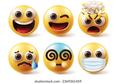 Emoji characters face vector set. Emojis emoticon icon character in smiling, happy face, winking, exploding angry, crying tears, dizzy and sick with face mask graphic elements. Vector illustration 