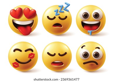 Emoji characters face vector set. Emojis emoticon yellow character in love, happy face, hungry bored, disappointed and confused face reaction in white background. Vector illustration emoticons facial 