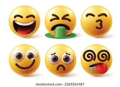 Los caracteres emoticonos se enfrentan a un conjunto de vectores. Emoticon emojis expresión facial como feliz, vómitos, besos, emociones tristes y hambrientas colección en fondo blanco. colección de caracteres emojis de ilustración de vector