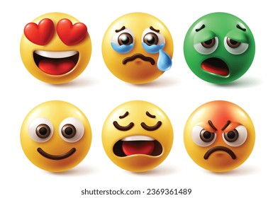 Emoji characters face vector set. Emojis emoticon facial expression in love, crying, nausea, sick, happy and disappointed icon faces in white background. Vector illustration emojis graphic elements 