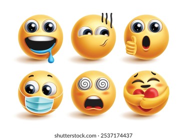 Personagens de Emoji enfrentam conjunto de vetores. Emojis emoticon amarelo personagem em faminto, aprovado, doente, tonto e carinhoso expressão facial elementos gráficos. Coleção de ícones 3d de emoticons de ilustração de vetor.
