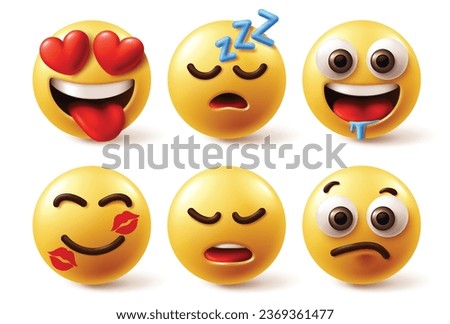 Emoji characters face vector set. Emojis emoticon yellow character in love, happy face, hungry bored, disappointed and confused face reaction in white background. Vector illustration emoticons facial 