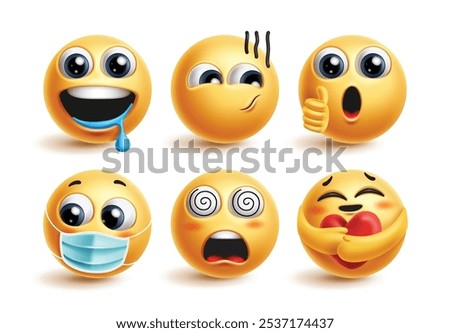 Emoji characters face vector set. Emojis emoticon yellow character in hungry, approved, sick, dizzy and caring facial expression graphic elements. Vector illustration emoticons 3d icon collection.
