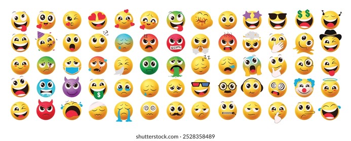 Emoji characters flat vector set. Emoticons naughty, in love, happy, funny, crying, angry, smile, sick and sad feelings facial expression collection elements in isolated background. Vector 