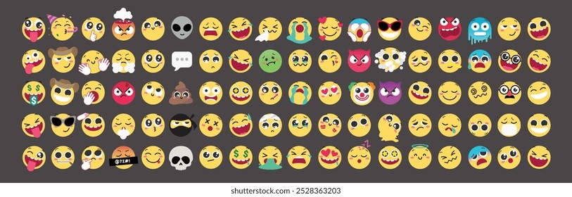 Conjunto de Vector plano de personajes Emoji. Emojis colección de Elementos de emoticonos de expresión facial traviesos, felices, divertidos, enojados, enfermos y llorosos en un fondo aislado. Ilustración vectorial emojis icon flat 