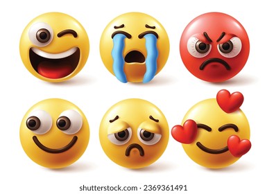 Emoji characters vector set. Emojis character like happy, crying, angry and in love facial expression in yellow and red color icon. Vector illustration graphic design elements.