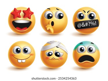 Conjunto de vetores de caracteres Emoji. Personagem Emojis como feliz, chorando, com raiva e no amor expressão facial em amarelo e ícone de cor vermelha. Elementos de design gráfico de ilustração vetorial.
