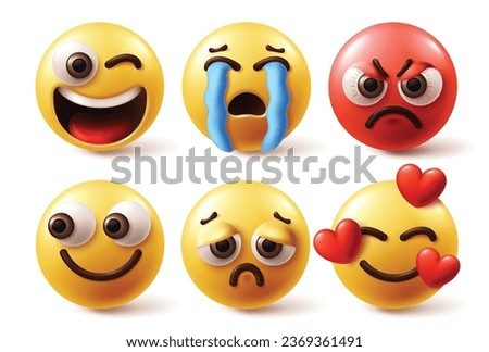 Emoji characters vector set. Emojis character like happy, crying, angry and in love facial expression in yellow and red color icon. Vector illustration graphic design elements.