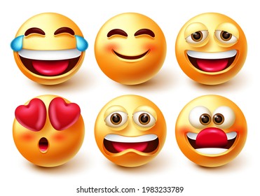 Emoji characters vector set. Emoticon 3d icon with laughing, smiling, funny and upset mood facial expressions isolated in white background for character emoticons collection design.