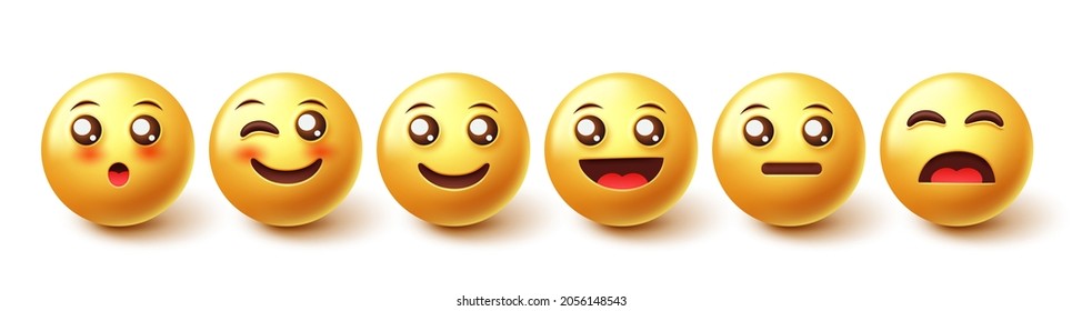 Emoji characters vector set. Emoticon 3d character in happy and smiling reactions in yellow face design for emojis facial expression collection. Vector illustration.
