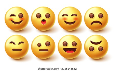 Emoji characters vector set. Emoticon 3d character design in happy and sad face collection isolated in white background for emojis graphic expression. Vector illustration.
