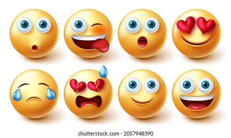 Emoji characters vector set. Emoticon emojis 3d collection in cute facial expressions isolated in white background for emoticons character facial expressions graphic design. Vector illustration.
