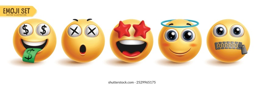 Conjunto de vetores de caracteres Emoji. Emoticon 3d face coleção em feliz, rico, amaze, tipo e bastante expressão facial emojis personagem em fundo branco. Elementos de design gráfico de ilustração vetorial.  
