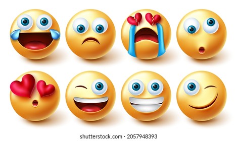 Juego de vectores de caracteres emmoji. Diseño gráfico 3d de emoticonos en emociones de cara divertidas, lindas y tristes de corazón roto para la colección de caracteres de la expresión de emojis. Ilustración vectorial.
