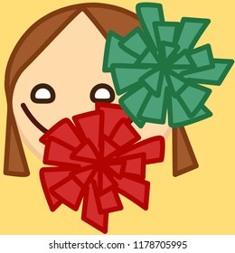 emoji with cheerful cheerleader girl cheering the sports team with her pom poms, simple colored emoticon, simplistic colorful pictogram, ball like personage with thick outlines, primitive vector art