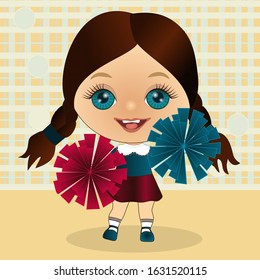 emoji with cheerful cheerleader girl cheering the sports team with her pom poms, hand drawn colored emoticon, cartoon character