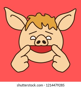 emoji with cheerful pig character with a smile on his face that is pointing at himself with forefingers or index fingers to form a look at me gesture, vector emoji drawn by hand in color