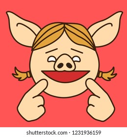 emoji with cheerful pig woman character with a smile on her face who is pointing at herself with forefingers or index fingers to form a look at me gesture, simple hand drawn emoticon