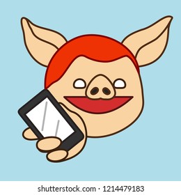 emoji with cheerful smiling ginger pig man that is holding a smartphone, mobile phone or a small tablet, simple hand drawn emoticon, simplistic colorful picture, eps 10 vector clip art