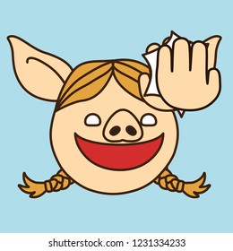 emoji with cheerful smiling pig gal that is doing a high five gesture with her palm, simple hand drawn emoticon, simplistic colorful picture, vector art with pig-like characters