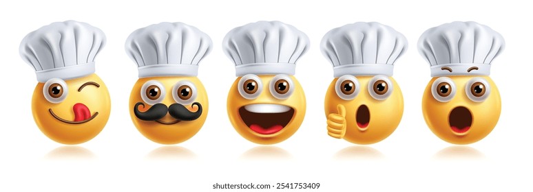 Emoji chef personagem emoticon vetor conjunto. Emoticons cozinhar personagem em lilás, feliz, aprovado, chocado, espantado e sorridente expressão facial vestindo chef chapéu 3d gráfico elementos personagem. Vetor 