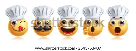 Emoji chef character emoticon vector set. Emoticons cook character in lick, happy, approved, shocked, amazed and smiling facial expression wearing chef hat 3d graphic elements character. Vector 