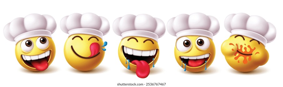 Emoji-Chef-Charakter-Vektor-Set. Emojis Emoticon Chefkoch professionellen Charakter in glücklichen, sehnsüchtigen, durstigen, albernen und trunksüchtigen Gesichtern tragen weißen Hut Elemente Sammlung. Emoji-Vektorgrafik