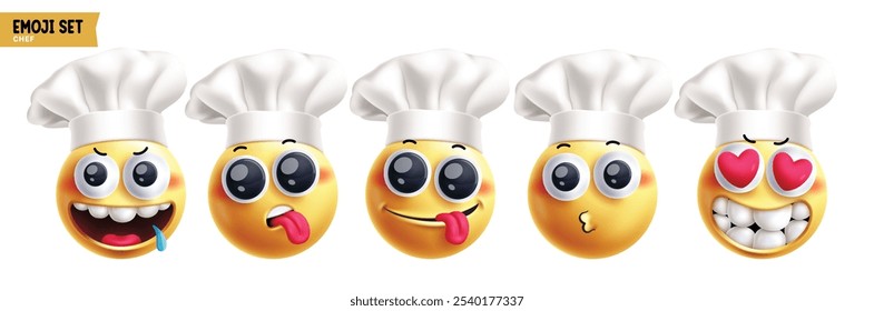 Emoji chef emoticon personagens conjunto vetor. Emojis cozinheiro personagem profissão em faminto, sedento, bobo, animado, no amor, tímido e feliz expressão facial 3d rodada coleção de elementos de rosto. Vetor 